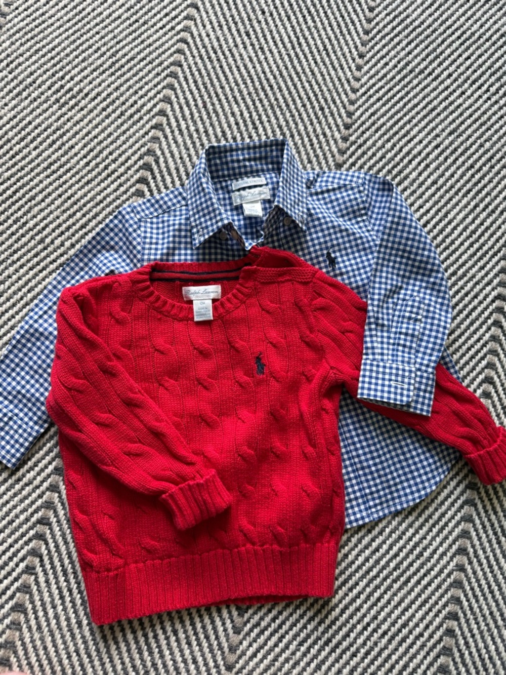 Ralph Lauren Red Cable Knit Sweater with Blue Gingham Shirt Set